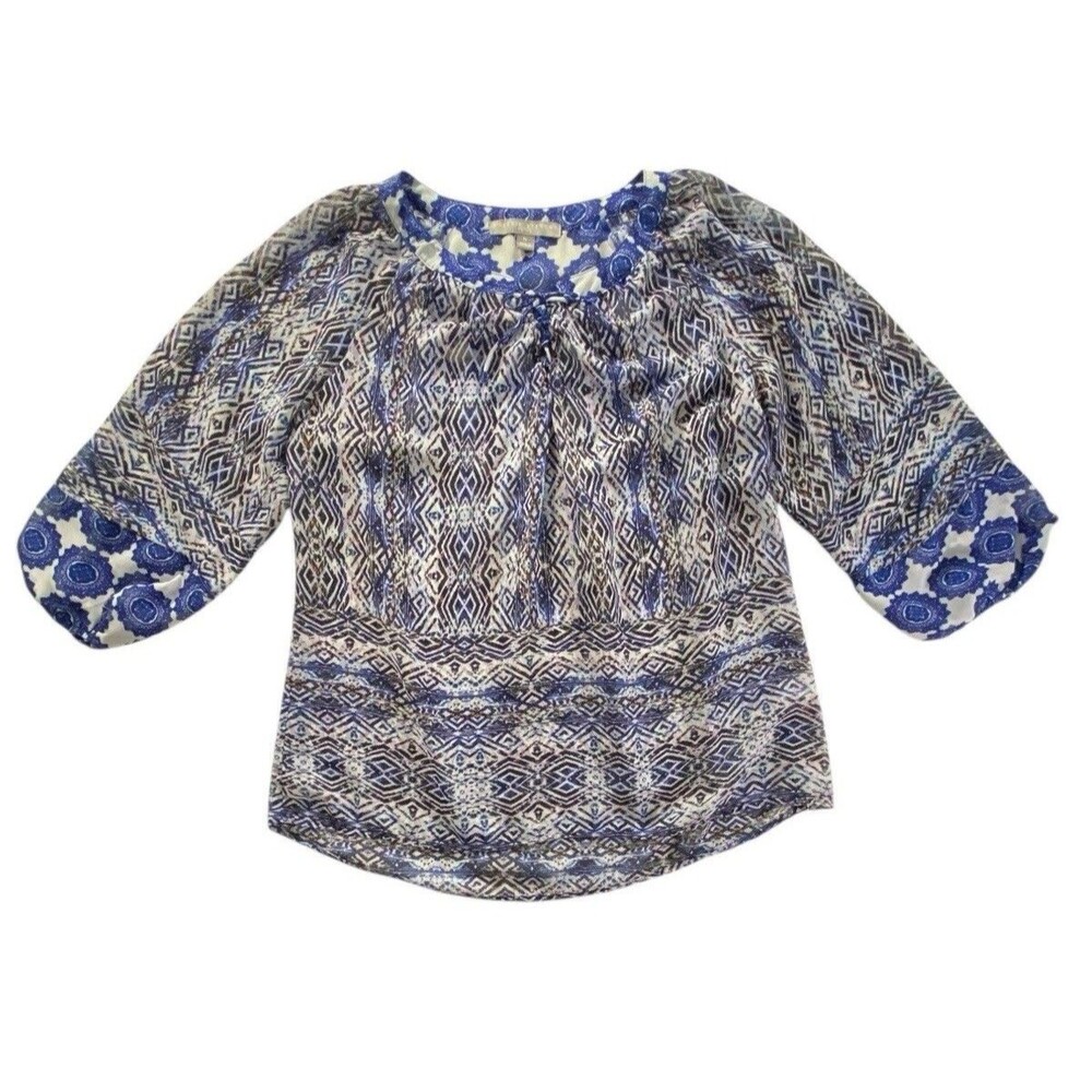 Valerie Stevens Petite Large Boho Peasant Blouse Blue Geometric Tie Neck Hi Lo